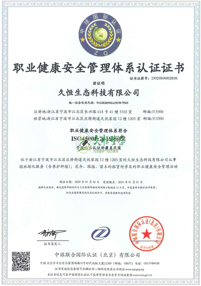绍兴1职业健康安全管理体系ISO45001证书